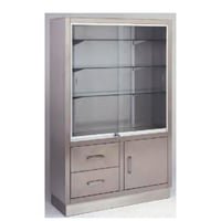 Vitrina armario en acero inoxidable: con puertas correderas en la parte superior y armario y cajones en la parte inferior (160 x 40 x 100 cm)